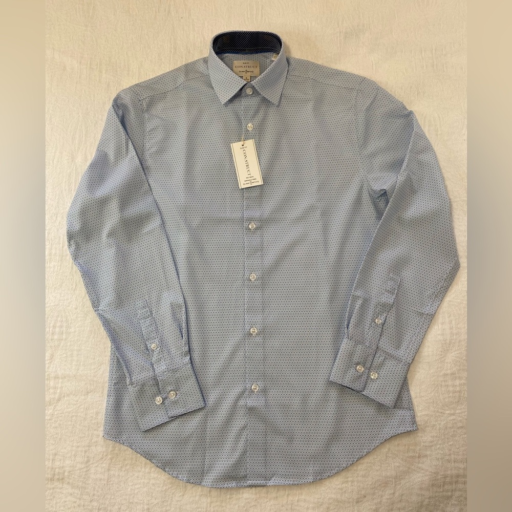 Con.Struct Mens Button Up Shirt Sz M White Navy Geo Print Slim Fit 4 Way Stretch